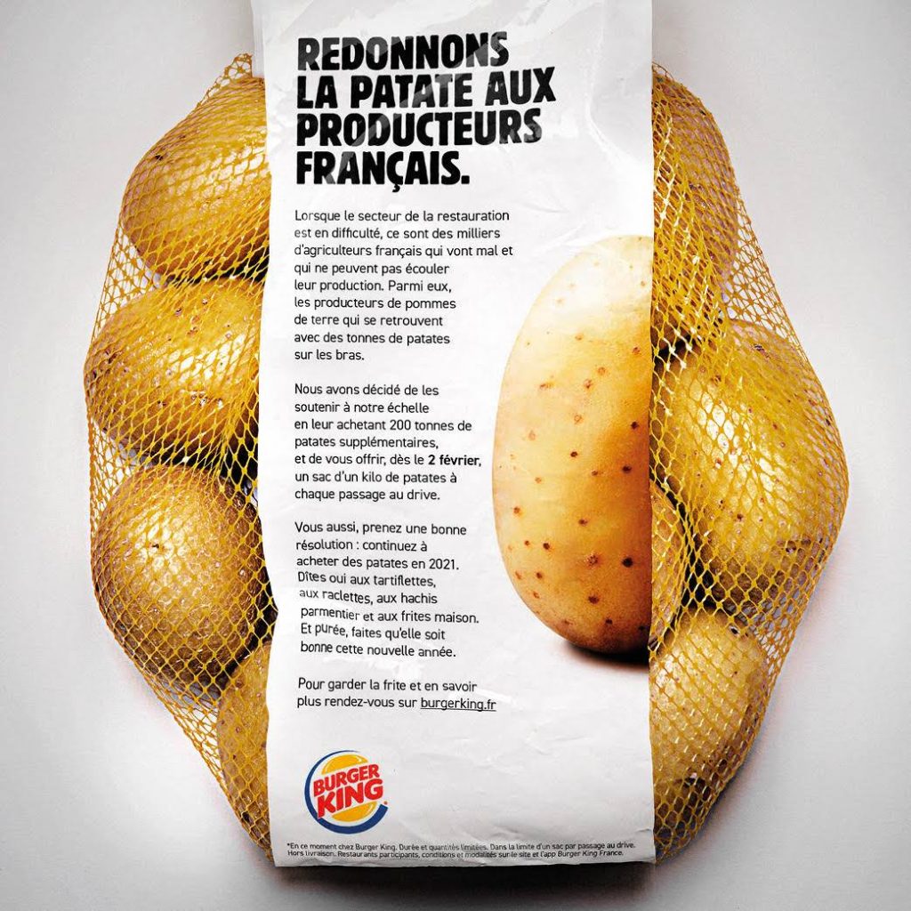 Ne laissons personne dans la purée', from Burger King France, a campaign, supporting their farmers