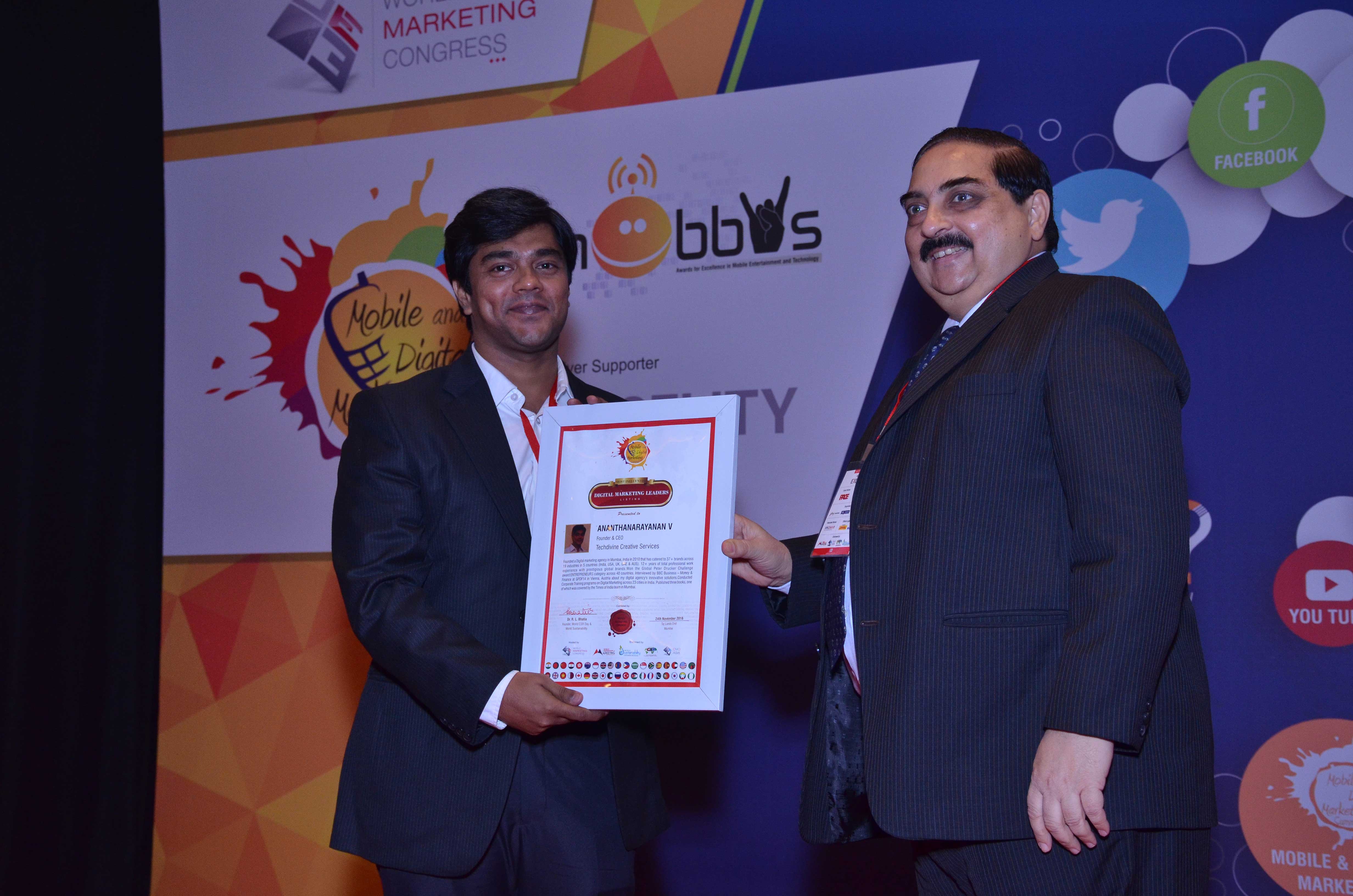 Most Influential Digital Marketing Leaders 2016 Ananth V by CMO ASIA and World Marketing Congress Taj Lands End, Mumbai